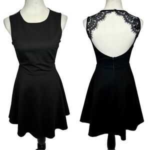 Lulu’s Black Mini Dress Open back lace skater circle A-Line dress fit and flare